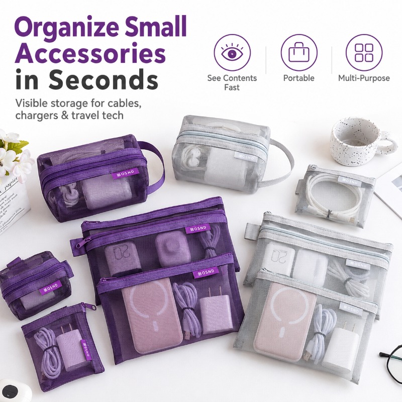 Tech Accessories Organizer Pouch - 6 قطع حقيبة شبكية محمولة لتنظيم
